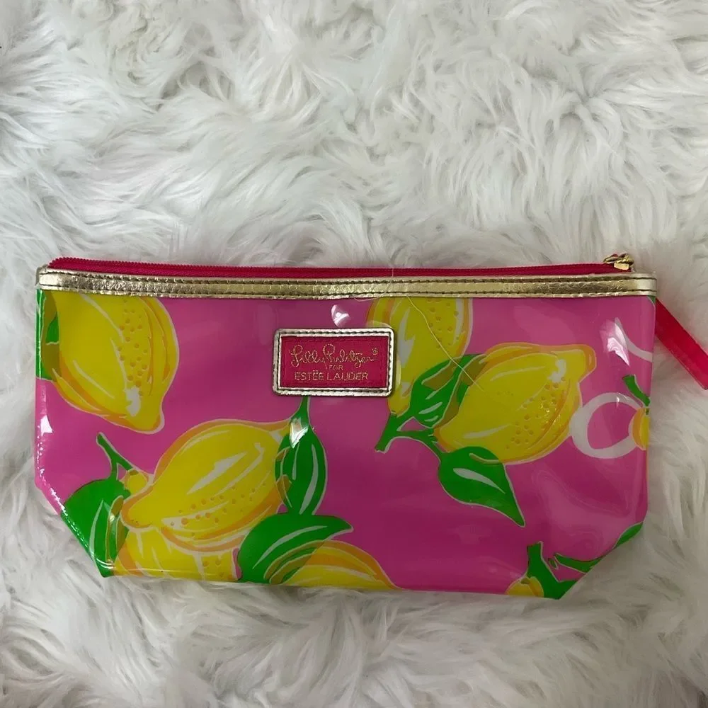 Lilly Pulitzer for Estee Lauder Pink Yellow Lemons Cosmetic Makeup Bag